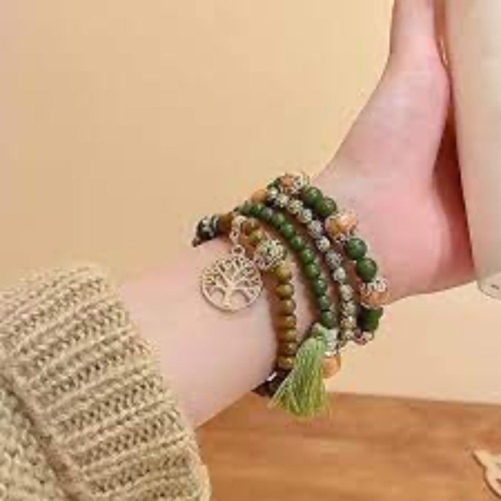 BOHO HEADED STACKED BRACELETS with CHARMS and TASSEL NWT - Picture 6 of 6